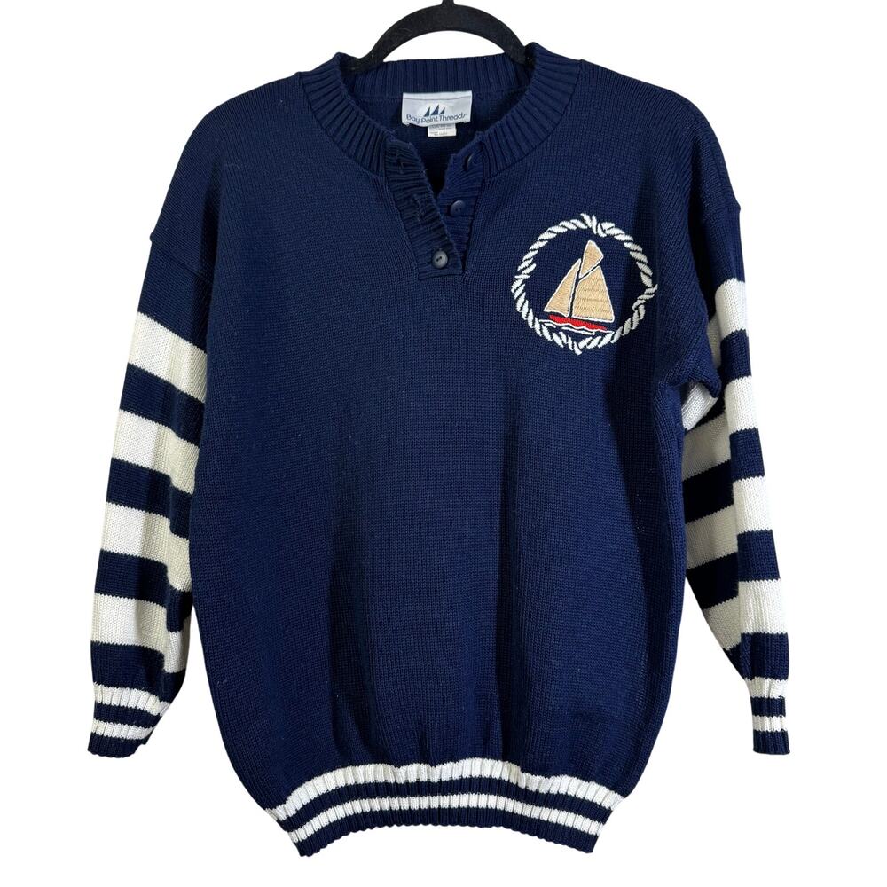 VINTAGE Bay Point Threads Sweater Medium Embroidered Sailboat Nautical Fisherman